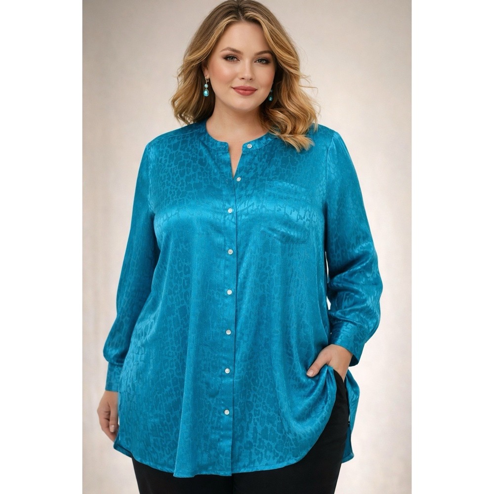Vintage 80's Argenti 3X Torquoise 100% Silk Button Down Blouse‎ Size Luxury
